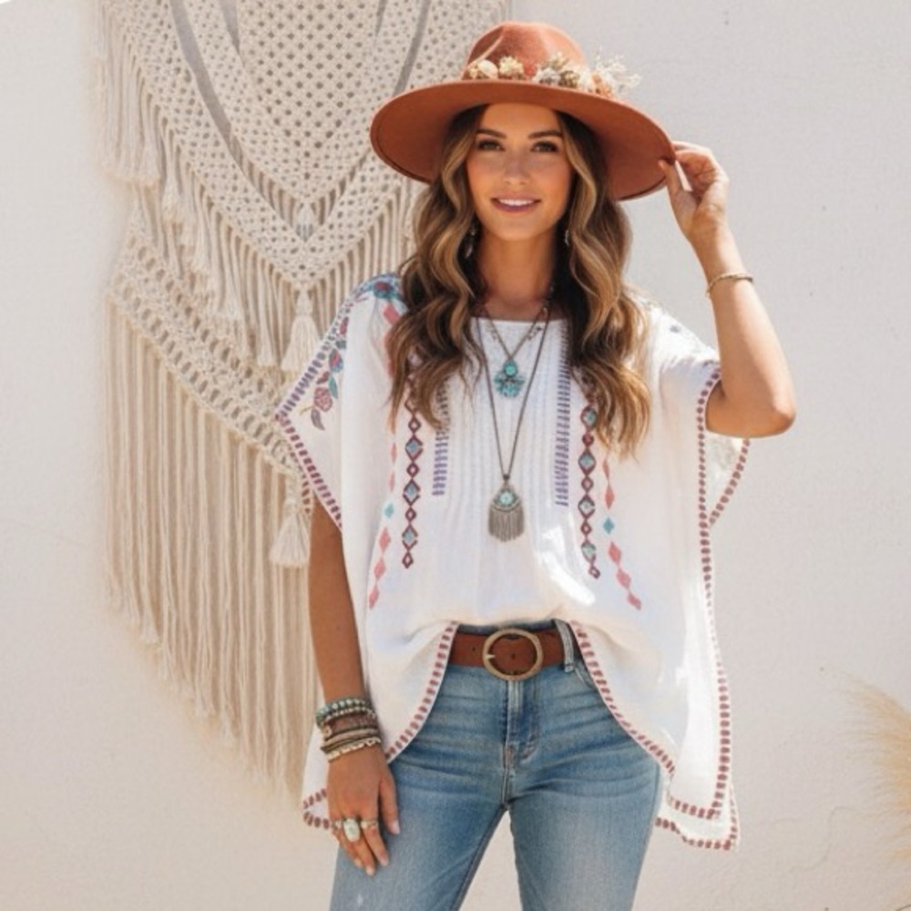 Johnny Was Embroidered Boho Poncho Top M White Multicolor